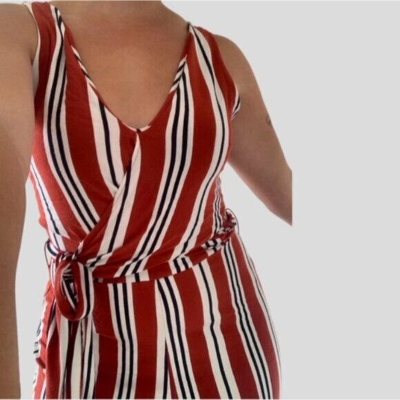 BERSHKA Europe Striped V neck Tie Waist Wide Leg Jumpsuit - Picture 9 of 16